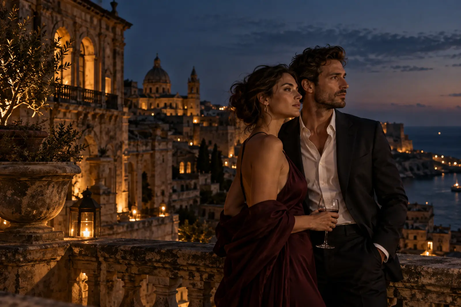 A woman and man look across the lights of an old Mediterranean city toward the sea